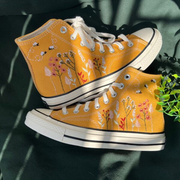 Embroidered Converse High Tops Colorful Bees And Flower Garden