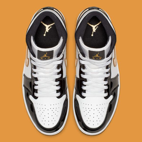 Jordan 1 Mid Patent Black White Gold